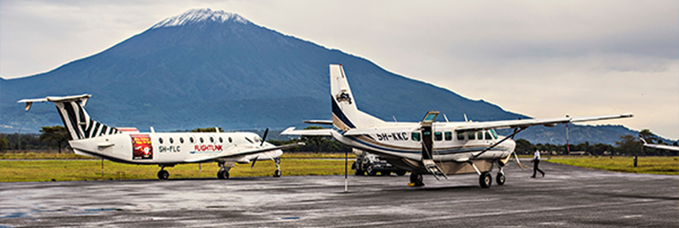 Same-day return safari logistics — small aircraft on the airstrip at the close of a Zanzibar fly-in